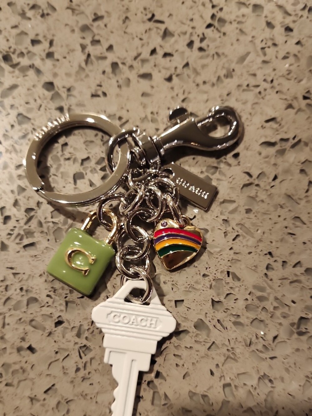 COACH Style Silver Keychain with White Key, Green Bag & Rainbow Heart - Picture 3 of 3